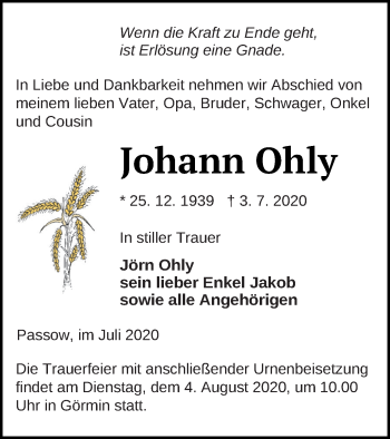 Traueranzeige von Johann Ohly von Vorpommern Kurier