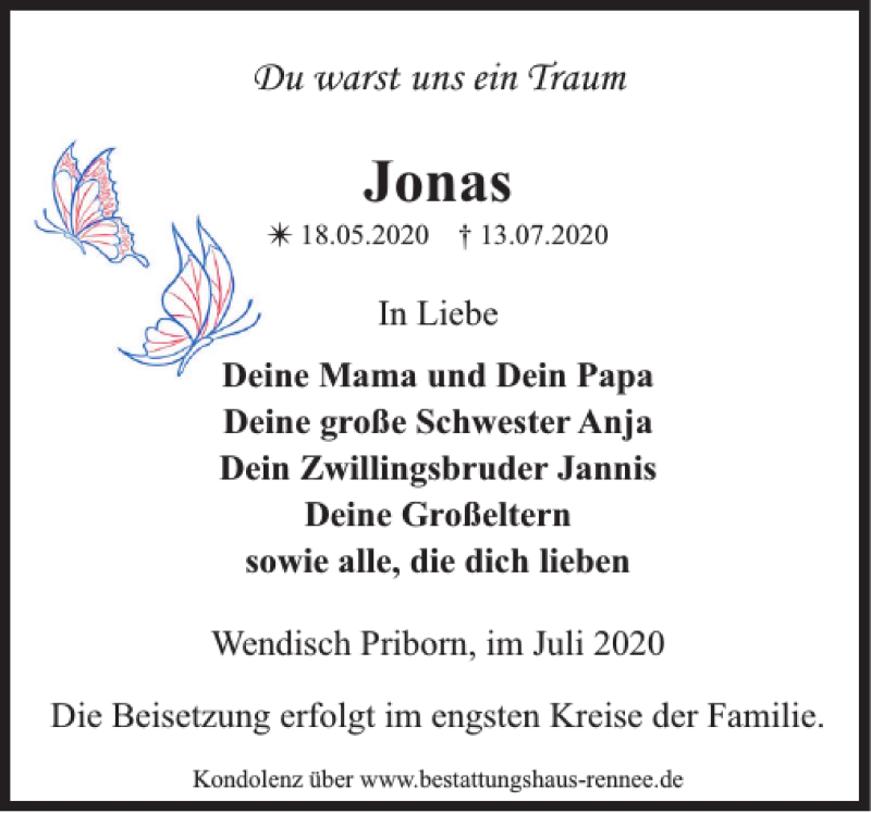  Traueranzeige für Jonas  vom 28.07.2020 aus Zeitung für Lübz - Goldberg - Plau