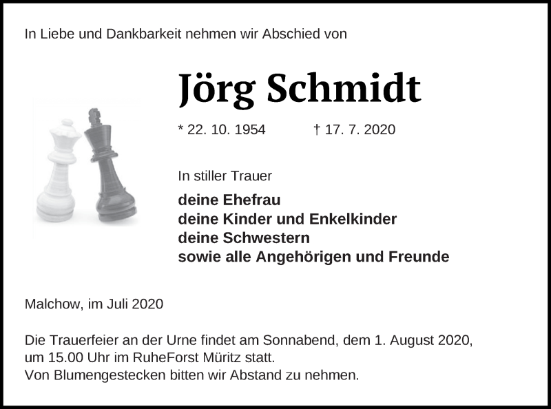  Traueranzeige für Jörg Schmidt vom 22.07.2020 aus Müritz-Zeitung
