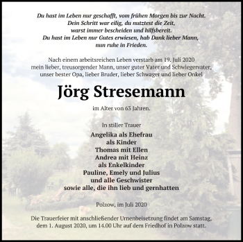 Traueranzeige von Jörg Stresemann von Pasewalker Zeitung