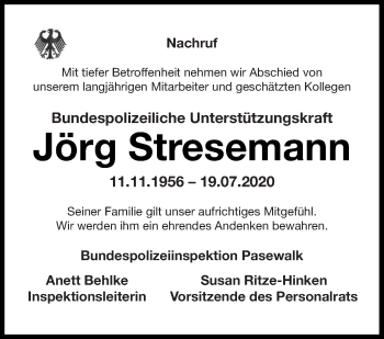 Traueranzeige von Jörg Stresemann von Pasewalker Zeitung