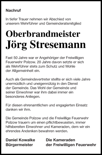 Traueranzeige von Jörg Stresemann von Pasewalker Zeitung