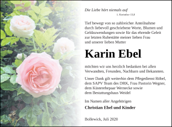 Traueranzeige von Karin Ebel von Müritz-Zeitung