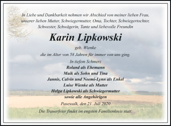 Traueranzeige von Karin Lipkowski von Pasewalker Zeitung