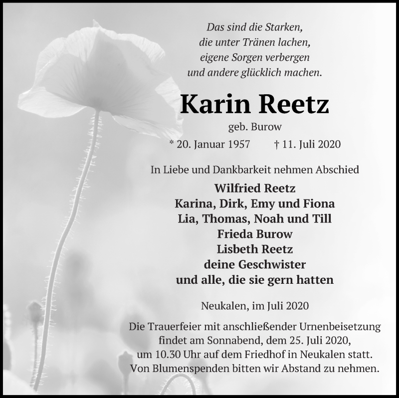  Traueranzeige für Karin Reetz vom 18.07.2020 aus Mecklenburger Schweiz