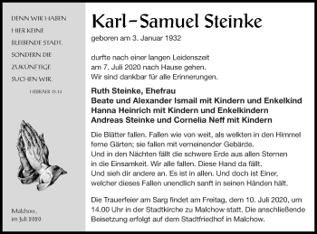 Traueranzeige von Karl-Samuel Steinke von Müritz-Zeitung