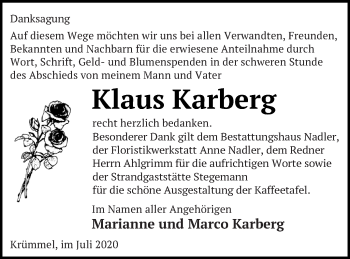 Traueranzeige von Klaus Karberg von Müritz-Zeitung