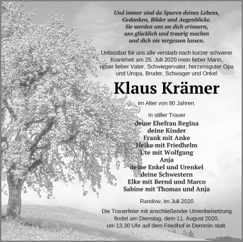 Traueranzeige von Klaus Krämer von Demminer Zeitung