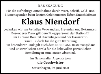 Traueranzeige von Klaus Niendorf von Mecklenburger Schweiz