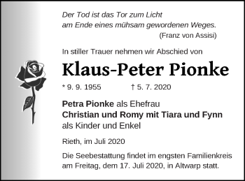 Traueranzeige von Klaus-Peter Pionke von Haff-Zeitung