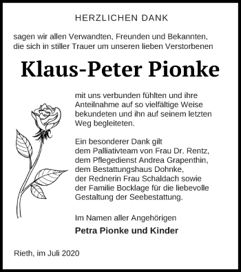 Traueranzeige von Klaus-Peter Pionke von Haff-Zeitung