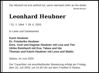 Traueranzeige von Leonhard Heubner von Müritz-Zeitung