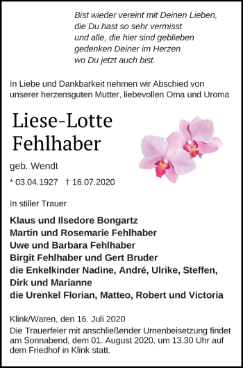 Traueranzeige von Liese-Lotte Fehlhaber von Müritz-Zeitung