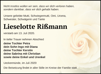 Traueranzeige von Lieselotte Rißmann von Haff-Zeitung
