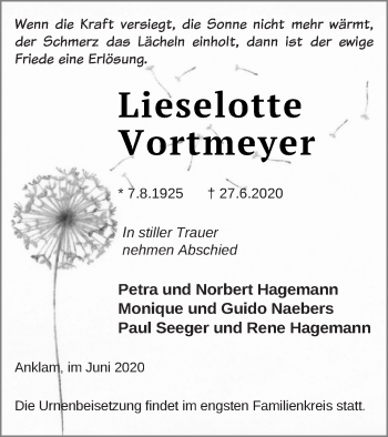 Traueranzeige von Lieselotte Vortmeyer von Vorpommern Kurier