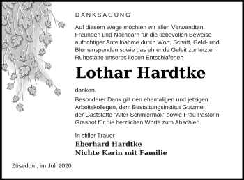 Traueranzeige von Lothar Hardtke von Pasewalker Zeitung