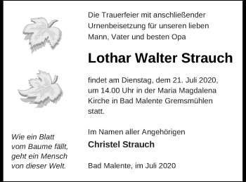 Traueranzeige von Lothar Walter Strauch von Neubrandenburger Zeitung