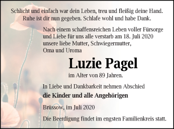 Traueranzeige von Luzie Pagel von Prenzlauer Zeitung