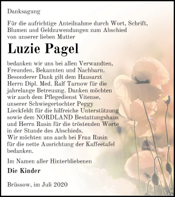 Traueranzeige von Luzie Pagel von Prenzlauer Zeitung