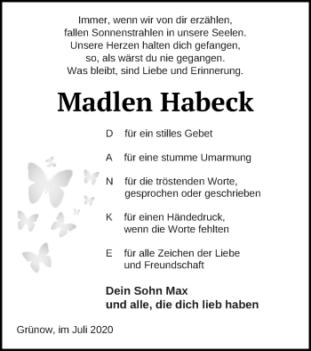 Traueranzeige von Madlen Habeck von Prenzlauer Zeitung