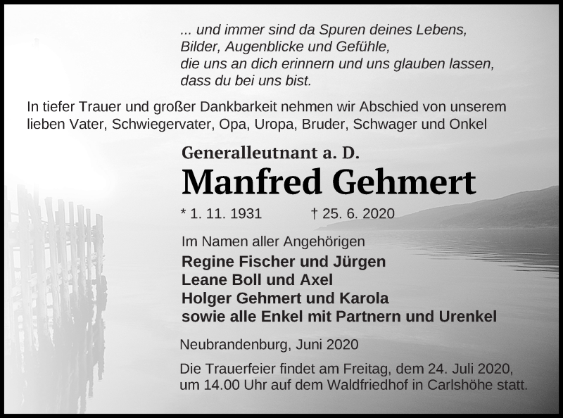  Traueranzeige für Manfred Gehmert vom 01.07.2020 aus Mecklenburger Schweiz
