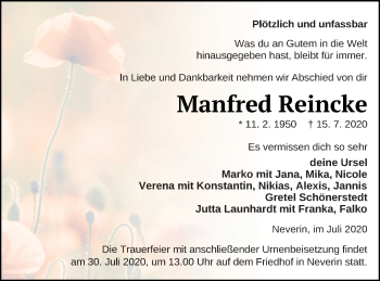 Traueranzeige von Manfred Reincke von Neubrandenburger Zeitung