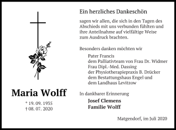 Traueranzeige von Maria Wolff von Mecklenburger Schweiz