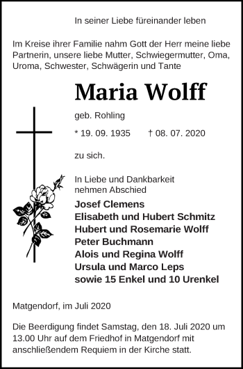 Traueranzeige von Maria Wolff von Mecklenburger Schweiz