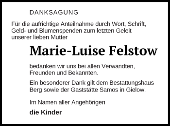 Traueranzeige von Marie-Luise Felstow von Mecklenburger Schweiz