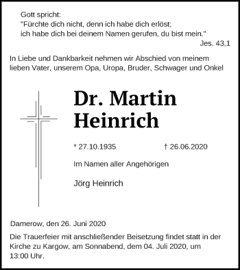 Traueranzeige von Martin Heinrich von Müritz-Zeitung