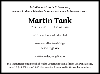 Traueranzeige von Martin Tank von Prenzlauer Zeitung