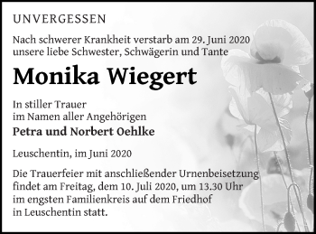 Traueranzeige von Monika Wiegert von Mecklenburger Schweiz