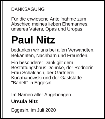 Traueranzeige von Paul Nitz von Haff-Zeitung