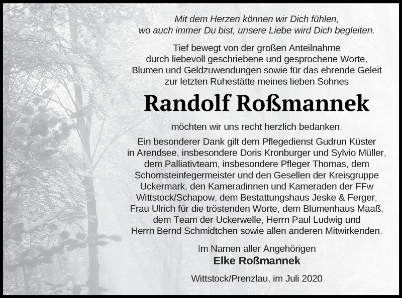  Traueranzeige für Randolf Roßmannek vom 31.07.2020 aus Prenzlauer Zeitung