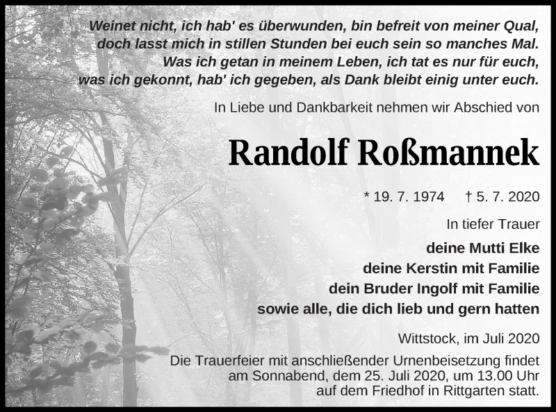  Traueranzeige für Randolf Roßmannek vom 10.07.2020 aus Prenzlauer Zeitung