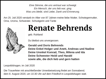 Traueranzeige von Renate Behrends von Haff-Zeitung