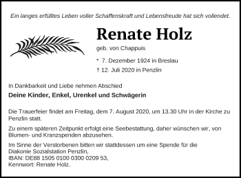 Traueranzeige von Renate Holz von Mecklenburger Schweiz