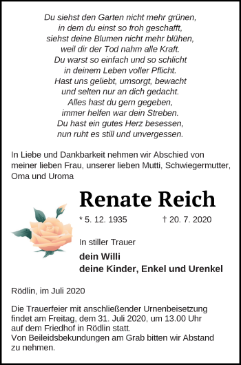 Traueranzeige von Renate Reich von Strelitzer Zeitung