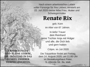 Traueranzeige von Renate Rix von Mecklenburger Schweiz