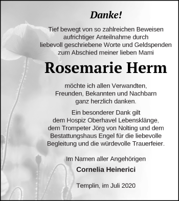 Traueranzeige von Rosemarie Herm von Templiner Zeitung