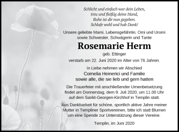 Traueranzeige von Rosemarie Herm von Templiner Zeitung