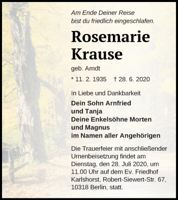 Traueranzeige von Rosemarie Krause von Demminer Zeitung