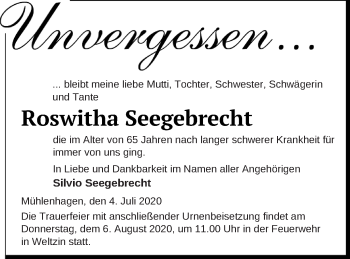 Traueranzeige von Roswitha Seegebrecht von Neubrandenburger Zeitung