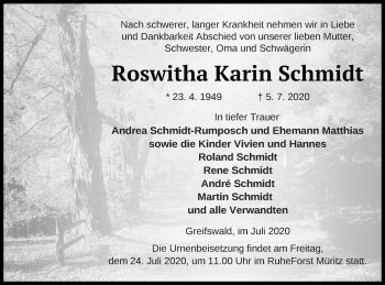 Traueranzeige von Roswitha Karin Schmidt von Mecklenburger Schweiz