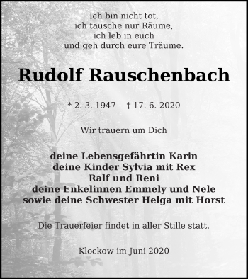 Traueranzeige von Rudolf Rauschenbach von Neubrandenburger Zeitung