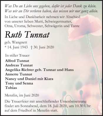 Traueranzeige von Ruth Tunnat von Vorpommern Kurier