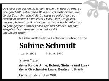 Traueranzeige von Sabine Schmidt von Haff-Zeitung
