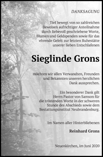 Traueranzeige von Sieglinde Grons von Neubrandenburger Zeitung