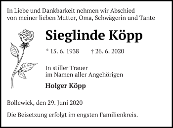 Traueranzeige von Sieglinde Köpp von Müritz-Zeitung