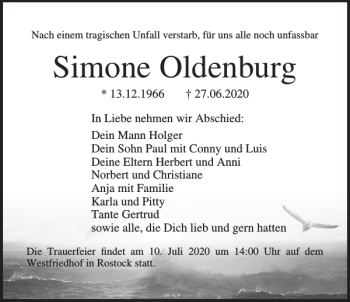 Traueranzeige von Simone Oldenburg von Norddeutsche Neueste Nachrichten